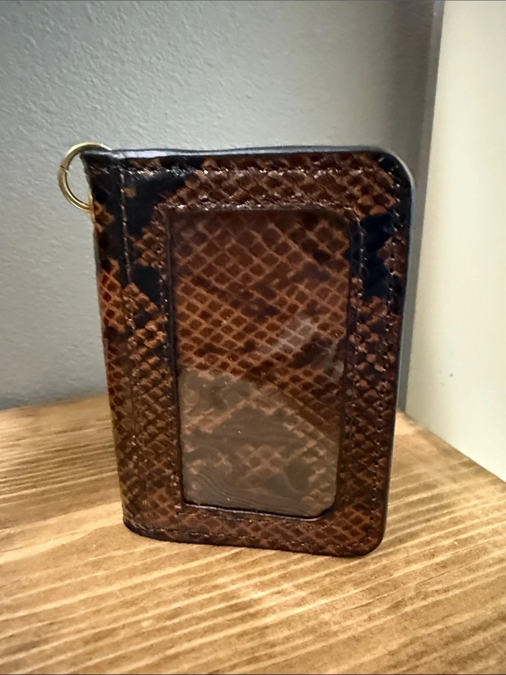 Steve Madden Brown Snake-Print Card Holder with Gold Keychain